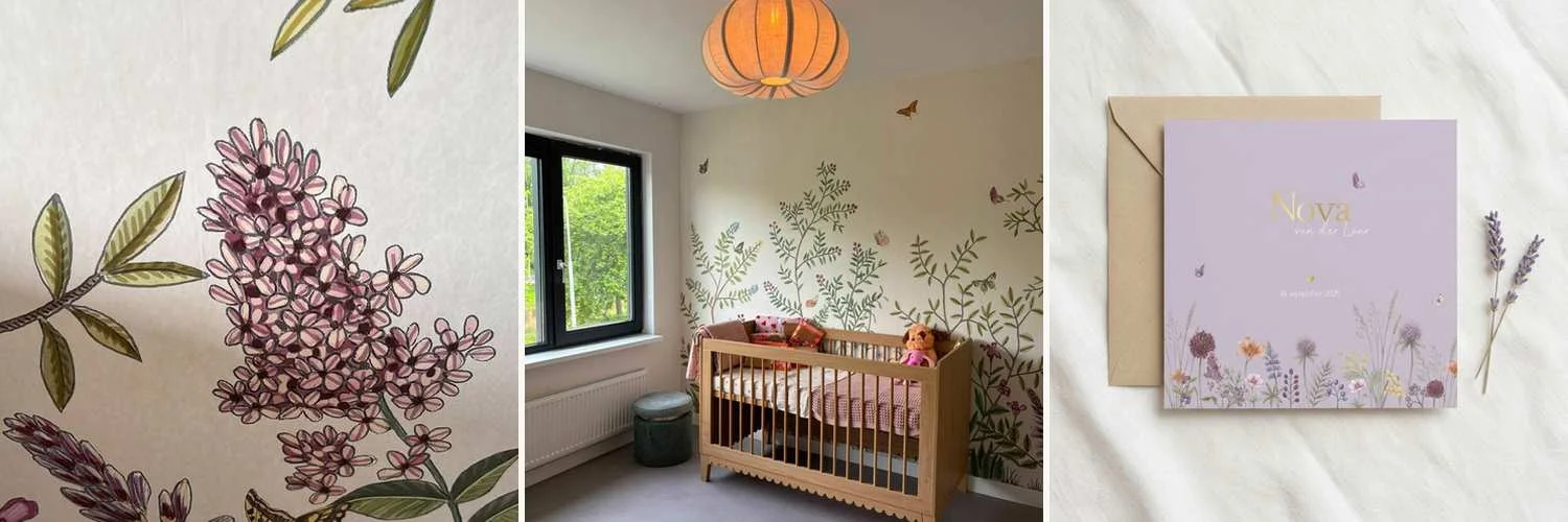 Babykamer met botanische muurschildering en het geboortekaartje dat erop is gebaseerd - Studio Dijs