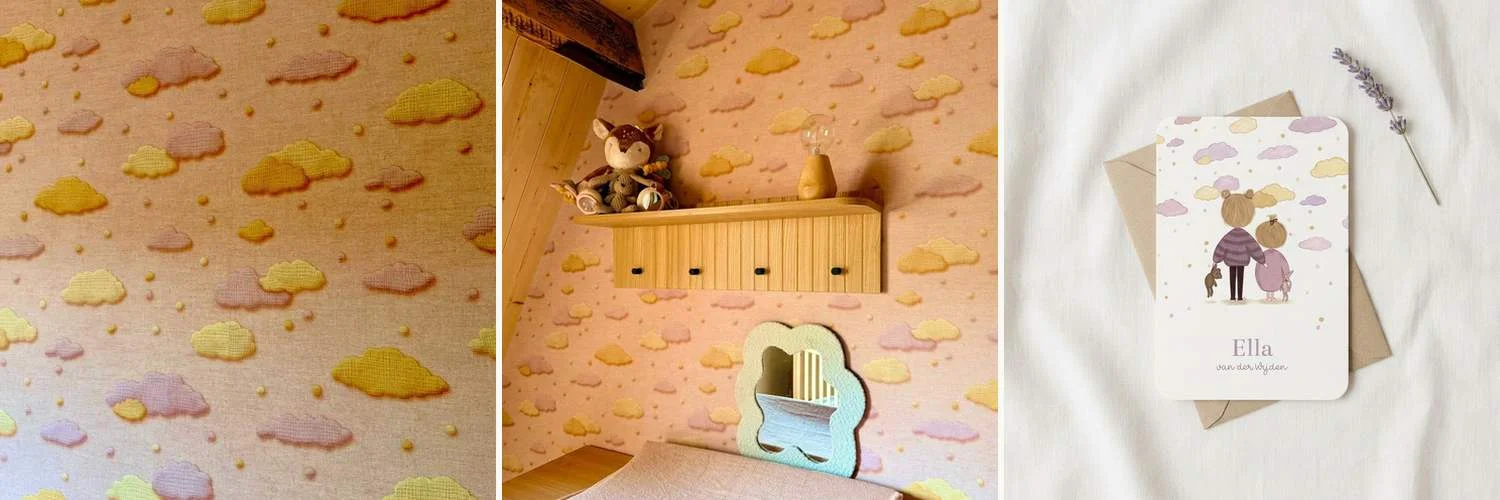 Babykamer met wolkjesbehang en het geboortekaartje dat erop is gebaseerd - Studio Dijs