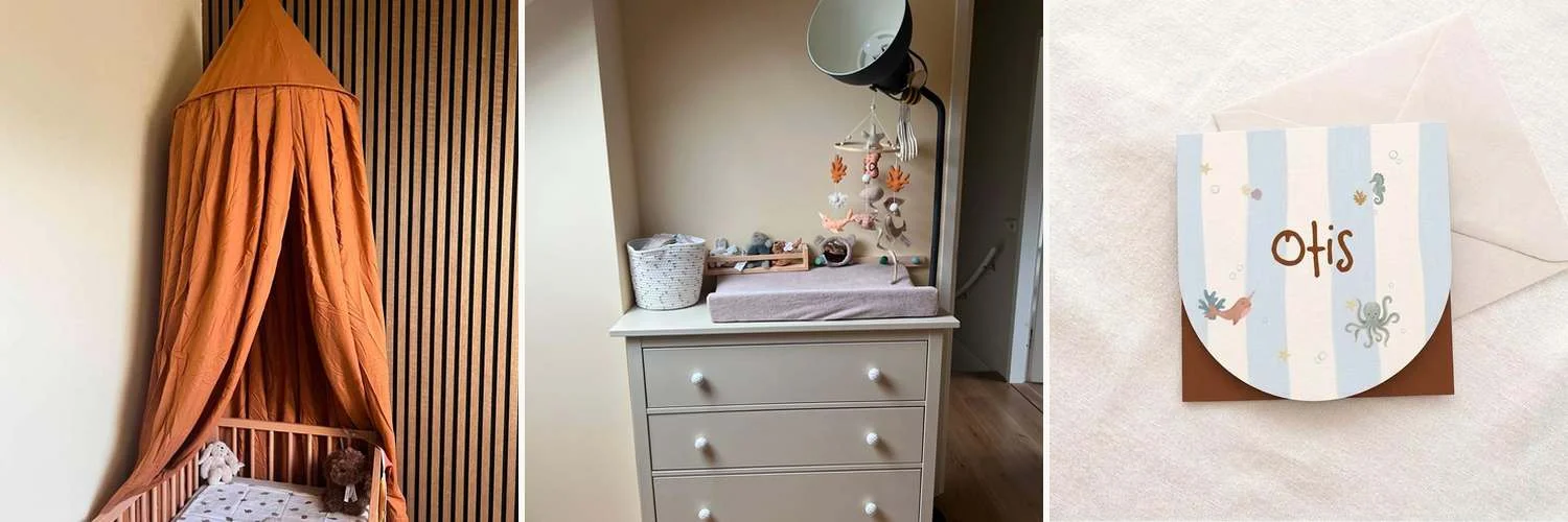 Babykamer in zandtinten met zeedierenmobiel en het bijpassende geboortekaartje - Studio Dijs