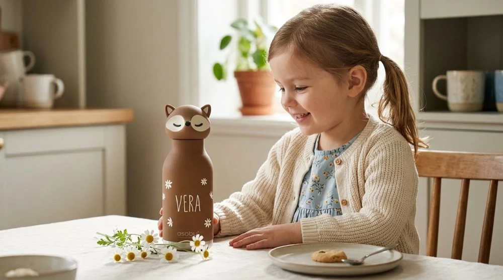 Dierenfles met naam van Studio Dijs, meisje aan tafel met de vossenfles