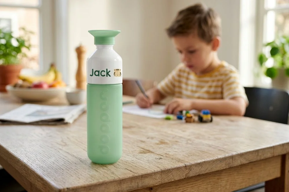 Dopper met naam van Studio Dijs, mintgroene fles met de naam Jack op de hals