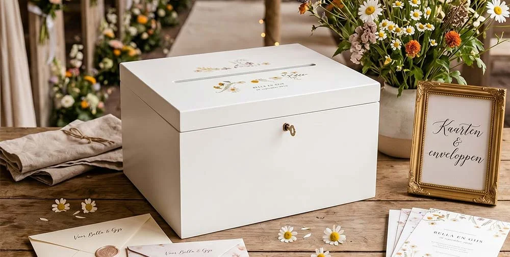 Houten enveloppendoos voor de bruiloft met messingkleurig sleuteltje van Studio Dijs