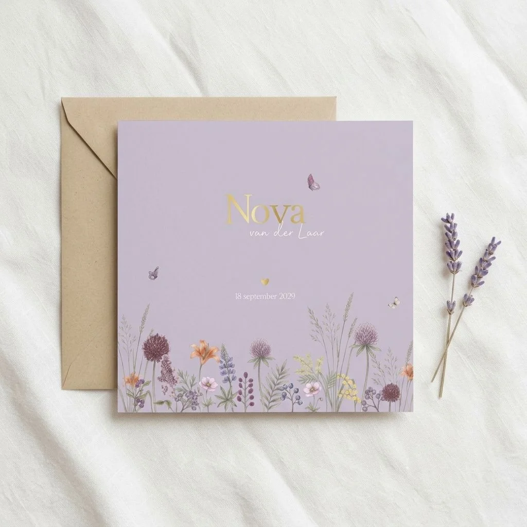 Lila geboortekaartje met veldbloemen en vlinders