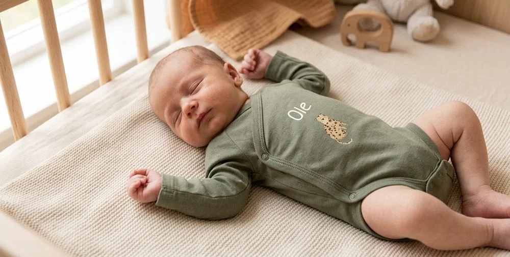 Baby in een rompertje met de naam en een pantertje erop gedrukt