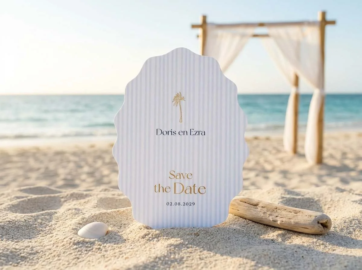 Beach Save the Date kaart met palmboom in het zand op het strand