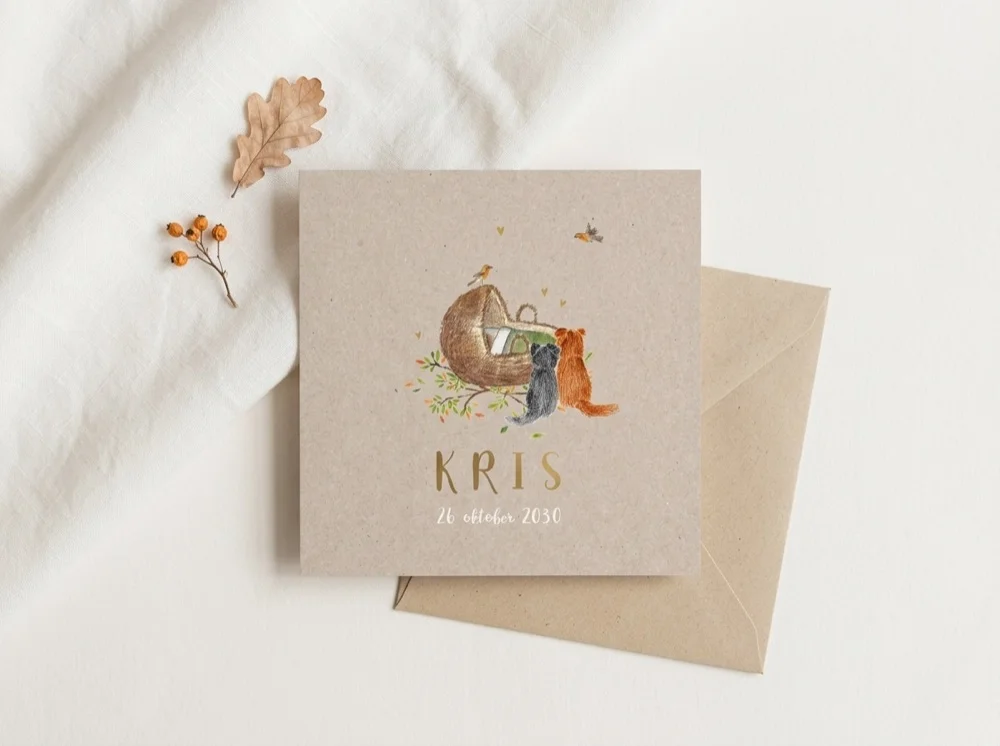 Geboortekaartje met wiegje, hondjes en roodborstje op kraft uit de collectie Studio Dijs x Leintjes