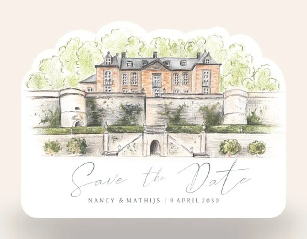 Save the Date kaart Château Neercanne, Studio Dijs x Leintjes