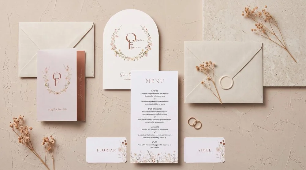 Trouwhuisstijl Blush Meadow met trouwkaart en bijpassend drukwerk