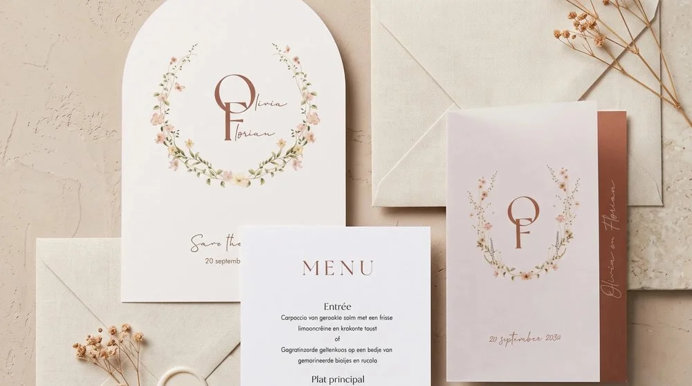 Trouwhuisstijl Blush Meadow met trouwkaart en bijpassend drukwerk