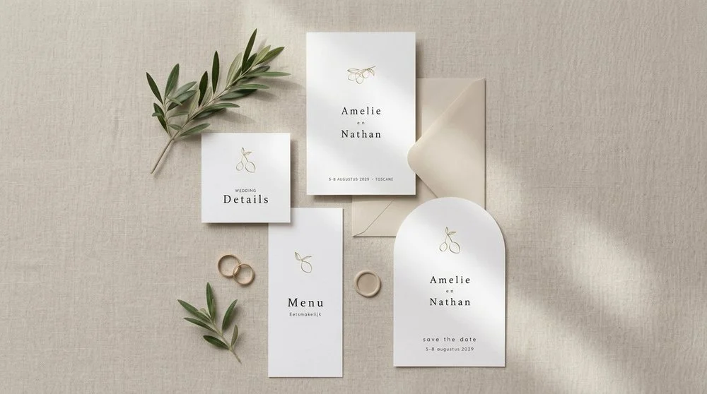 Trouwhuisstijl Amalfi Elegance met trouwkaart en bijpassend drukwerk