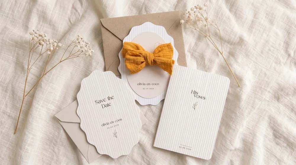 Trouwhuisstijl Ivory Pinstripe met trouwkaart en bijpassend drukwerk