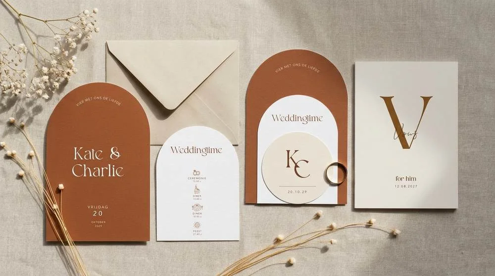 Trouwhuisstijl Karamel & Boog met trouwkaart en bijpassend drukwerk