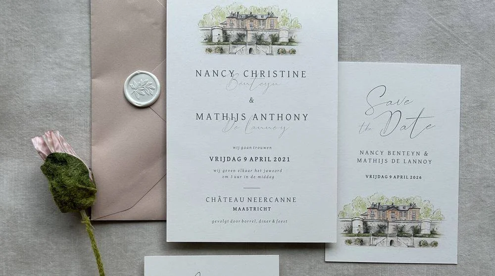 Trouwhuisstijl Lilac Manor met trouwkaart en bijpassend drukwerk