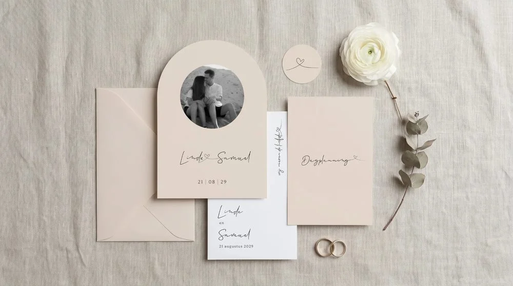 Trouwhuisstijl Love Line met trouwkaart en bijpassend drukwerk