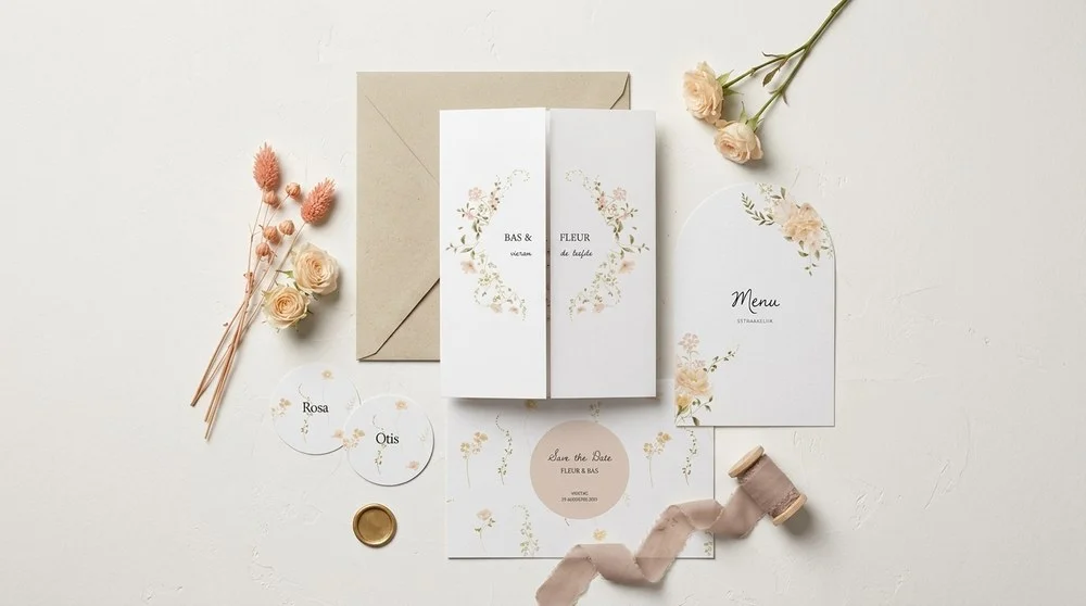 Trouwhuisstijl Petite Bouquet met trouwkaart en bijpassend drukwerk