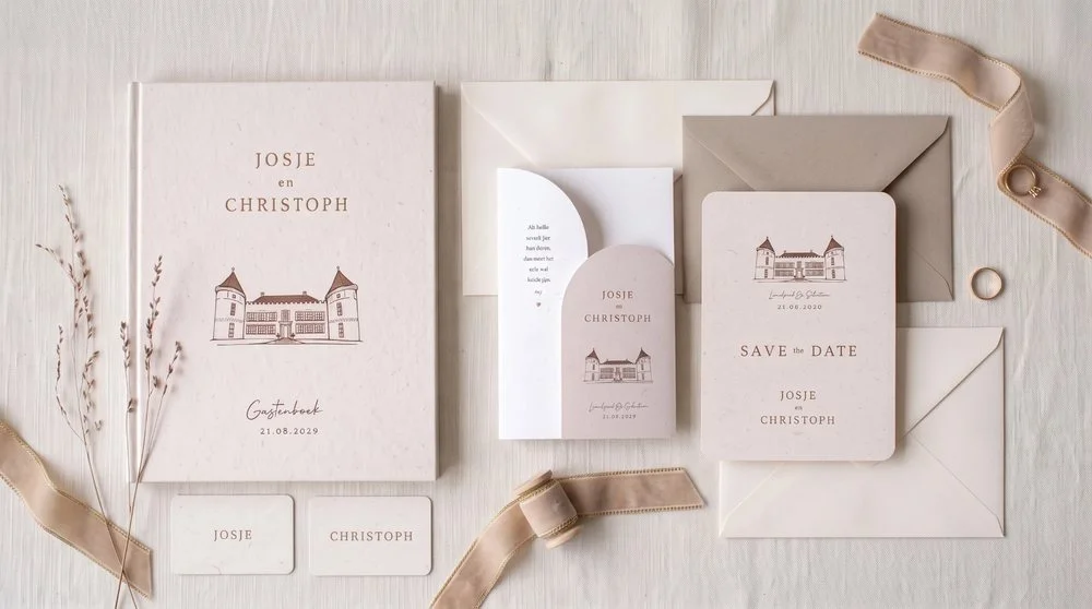Trouwhuisstijl Rustic Romance met trouwkaart en bijpassend drukwerk