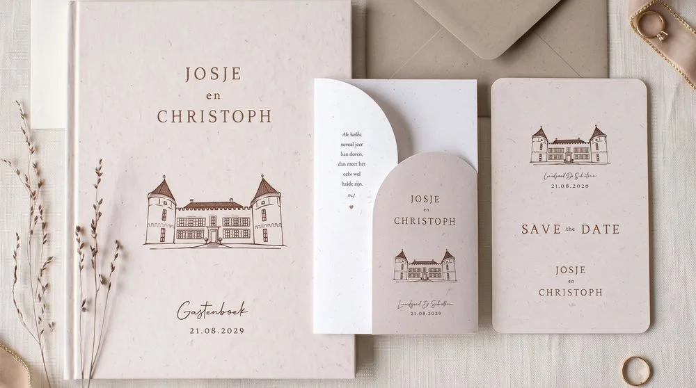 Trouwhuisstijl Rustic Romance met trouwkaart en bijpassend drukwerk