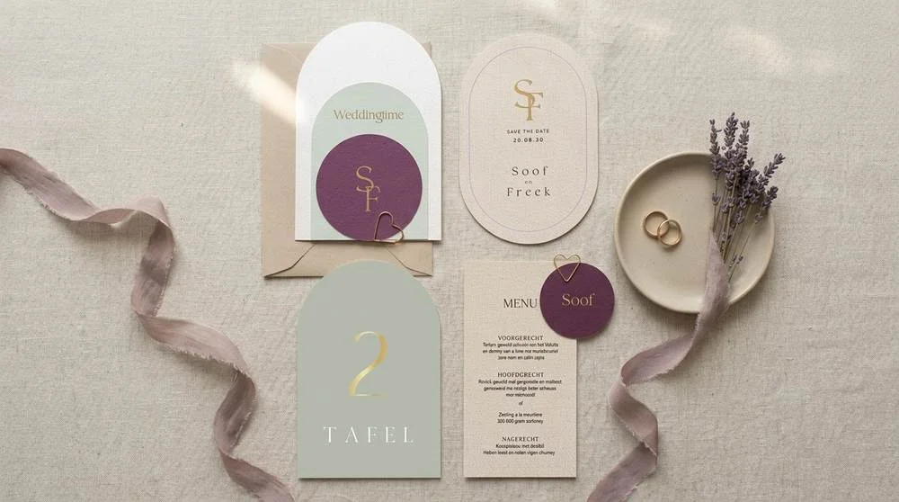 Trouwhuisstijl Salie & Aubergine met trouwkaart en bijpassend drukwerk