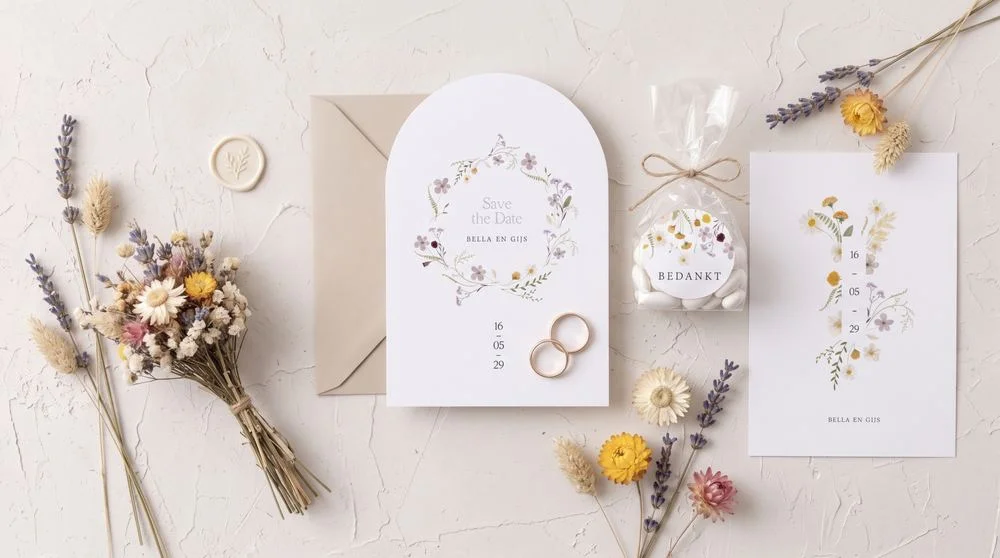 Trouwhuisstijl Sunny Bloom met trouwkaart en bijpassend drukwerk