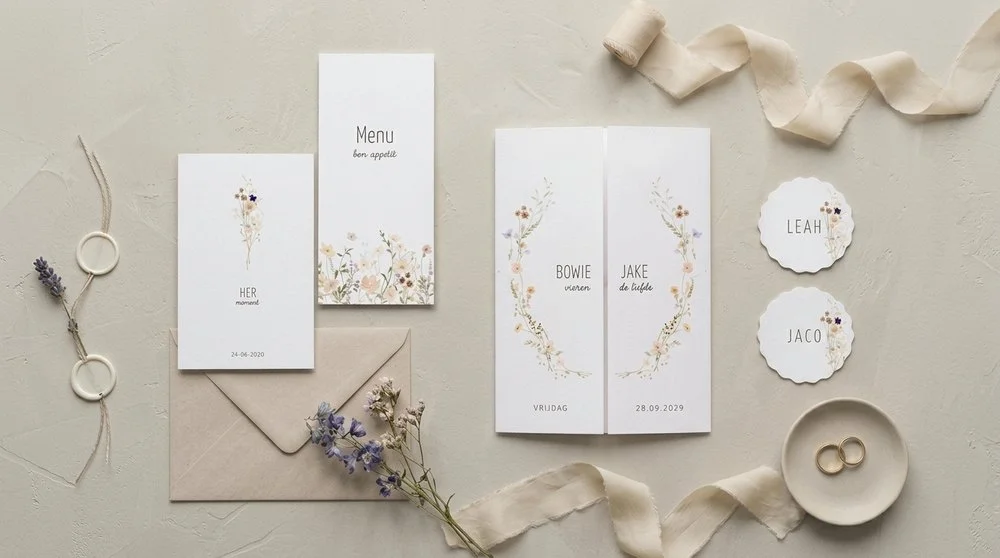 Trouwhuisstijl Wildflower Summer met trouwkaart en bijpassend drukwerk