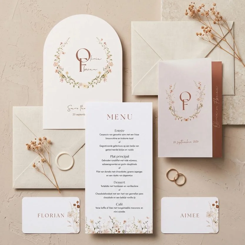 Trouwhuisstijl Blush Meadow met trouwkaart en bijpassend drukwerk