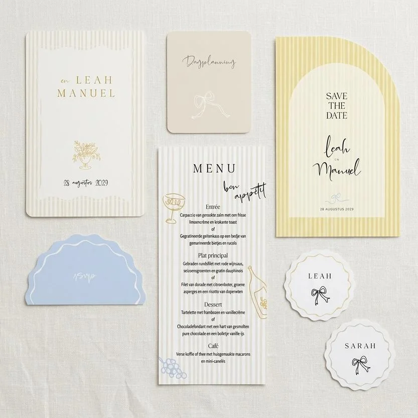 Trouwhuisstijl Bows & Bubbles met trouwkaart en bijpassend drukwerk