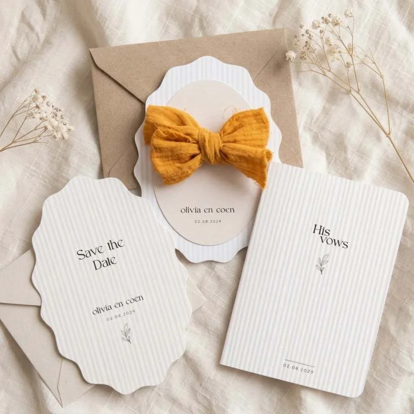 Trouwhuisstijl Ivory Pinstripe met trouwkaart en bijpassend drukwerk