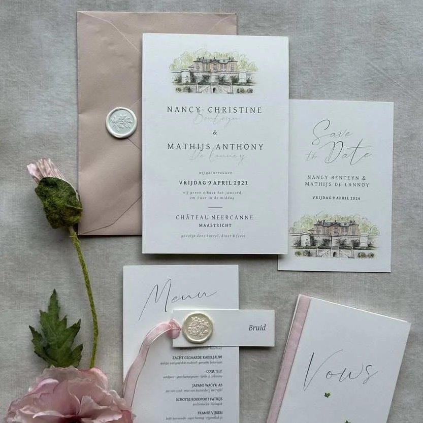 Trouwhuisstijl Lilac Manor met trouwkaart en bijpassend drukwerk