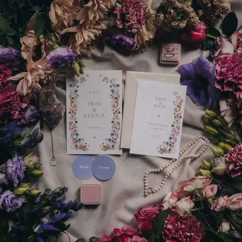 Trouwhuisstijl Meadow Wreath met trouwkaart en bijpassend drukwerk