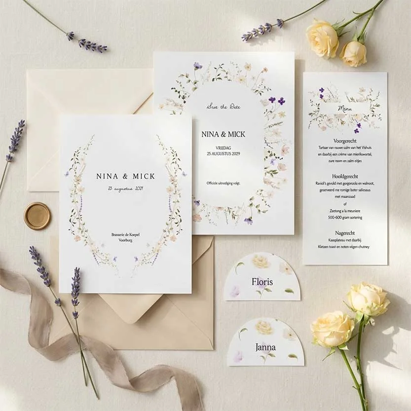 Trouwhuisstijl Pastel Veldbloemen met trouwkaart en bijpassend drukwerk