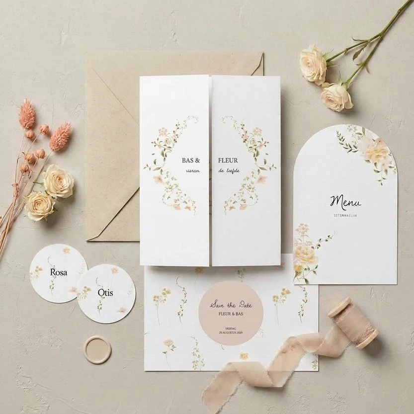 Trouwhuisstijl Petite Bouquet met trouwkaart en bijpassend drukwerk