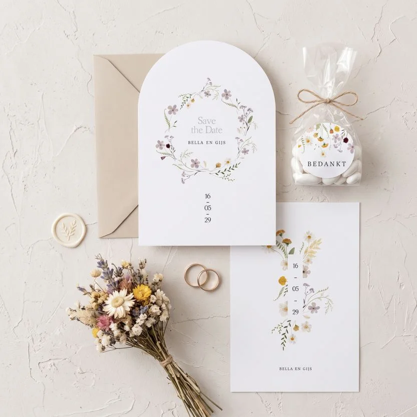 Trouwhuisstijl Sunny Bloom met trouwkaart en bijpassend drukwerk