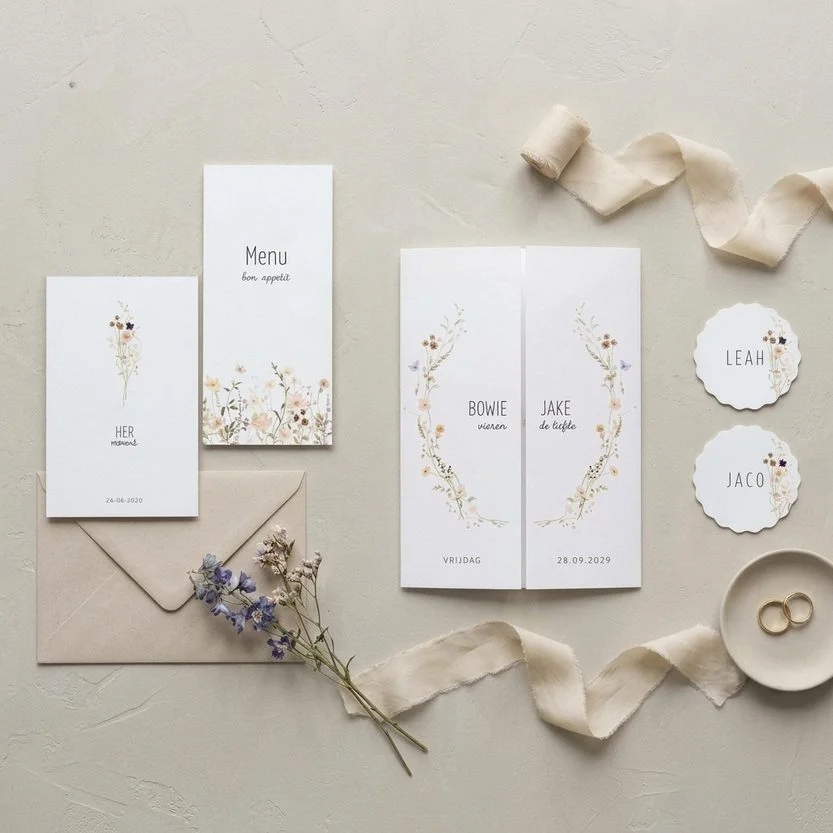 Trouwhuisstijl Wildflower Summer met trouwkaart en bijpassend drukwerk