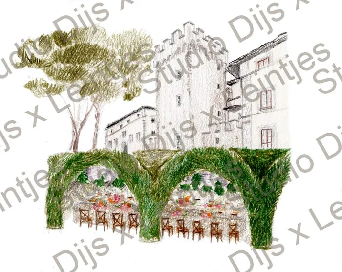 Trouwlocatie Italie, Torre A Cona, illustratie Studio Dijs x Leintjes