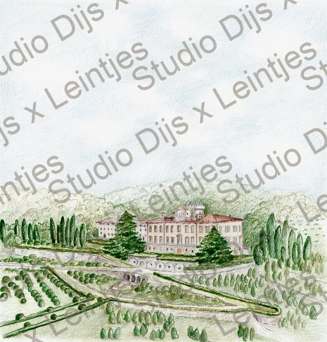 Trouwlocatie Torre A Cona, illustratie Studio Dijs x Leintjes