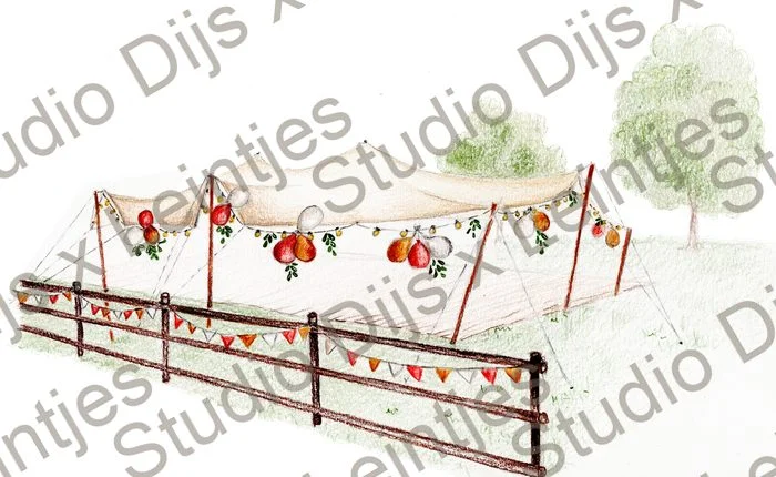 Trouwlocatie Stretchtent Weiland, illustratie Studio Dijs x Leintjes