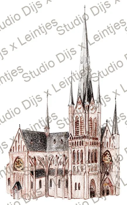 Trouwlocatie Sint Bonaventurakerk Woerden, illustratie Studio Dijs x Leintjes