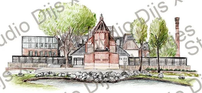 Trouwlocatie Hotel Arena, illustratie Studio Dijs x Leintjes